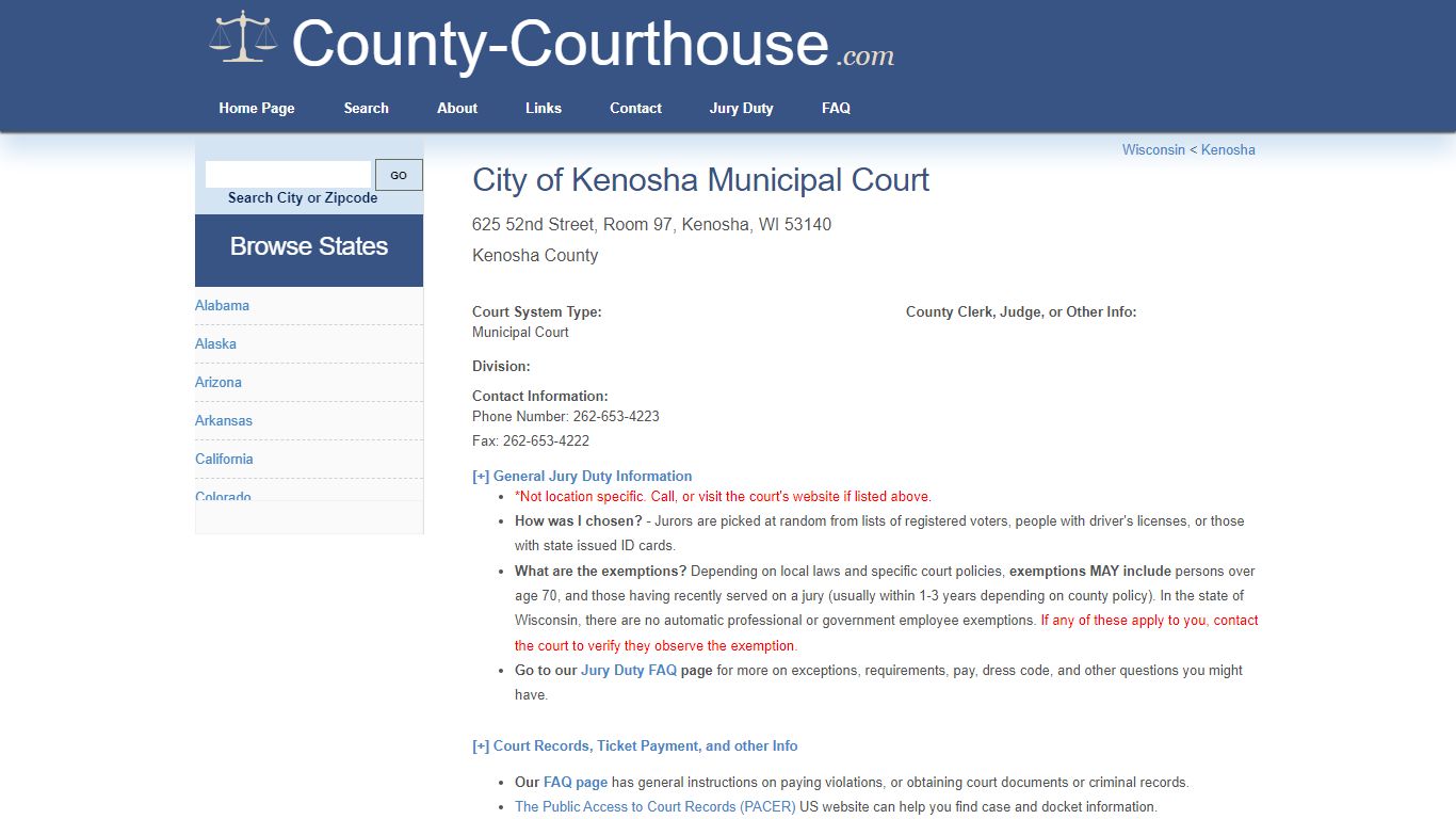 City of Kenosha Municipal Court in Kenosha, WI - Court Information